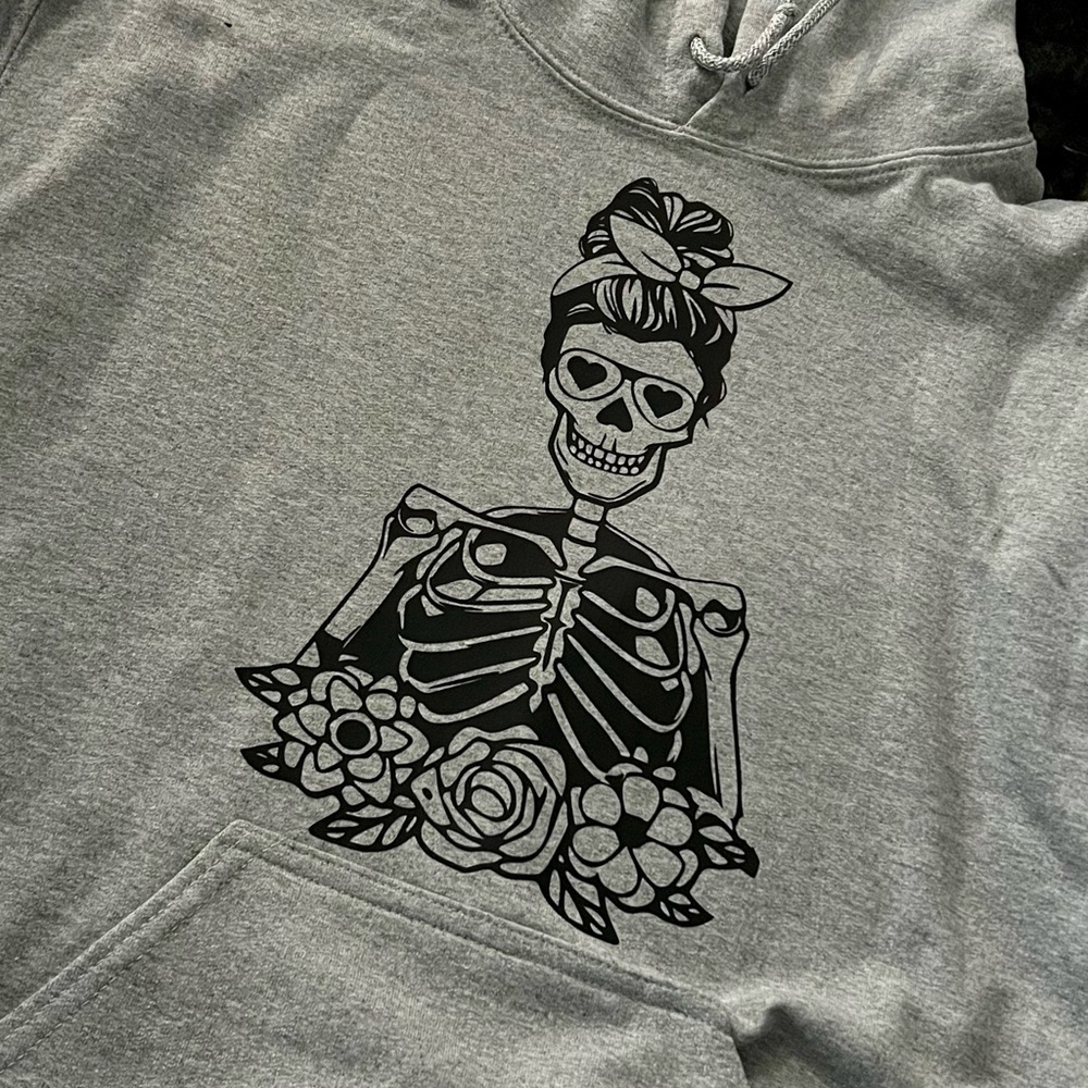 Grey Hoodie with Skeleton Girl; Small-2XL. Message me your size!